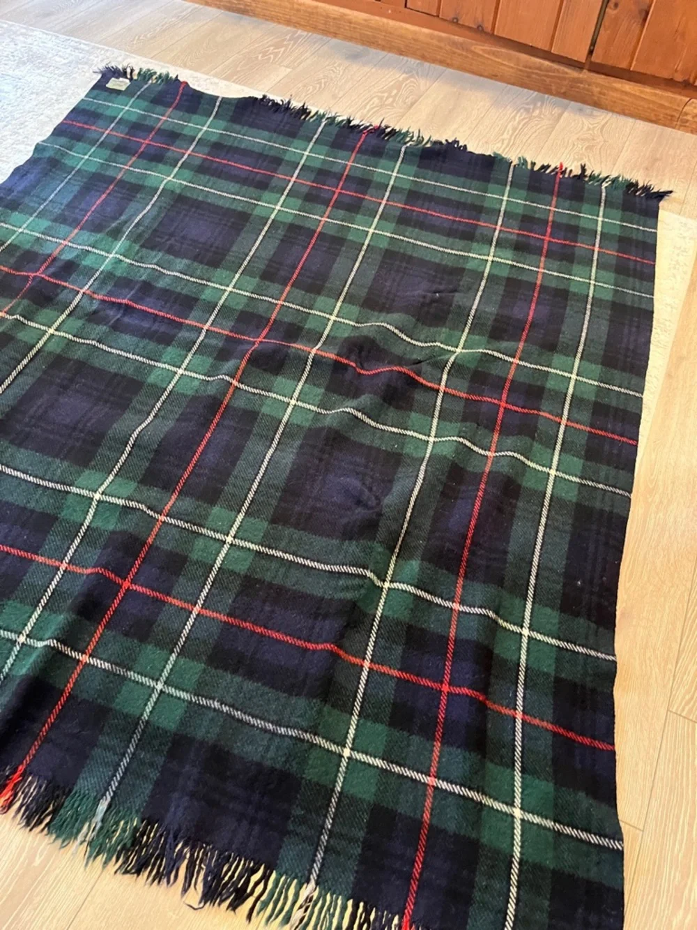 Moffat Kilmahog Mackenzie Green, blue & Red Plaid Fringe wool Throw Blanket